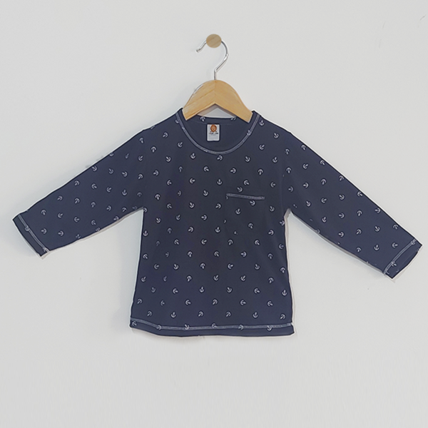 Camiseta Infantil Manga Longa, Azul Marinho Estampa de Âncoras - TAM 1 a 10 anos